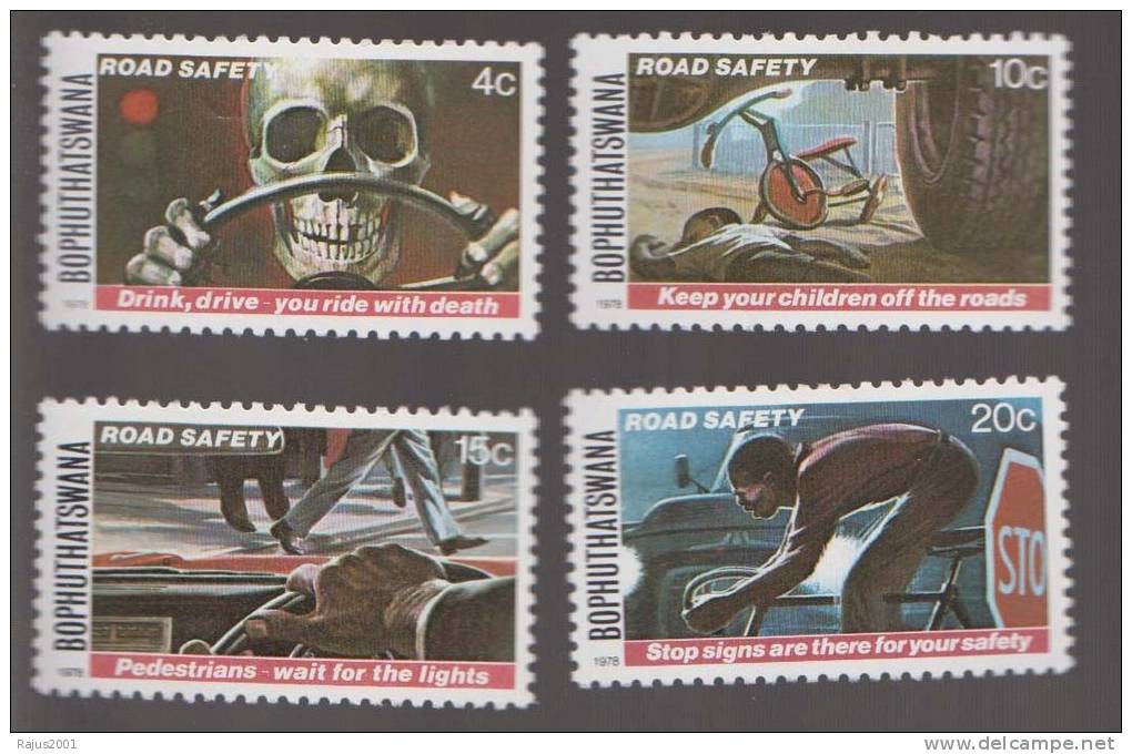 Road Safety, Dont Drink And Drive, Observe Signal, Skull, Bicycle, Car Accident MNH Bophuthatswana - Incidenti E Sicurezza Stradale