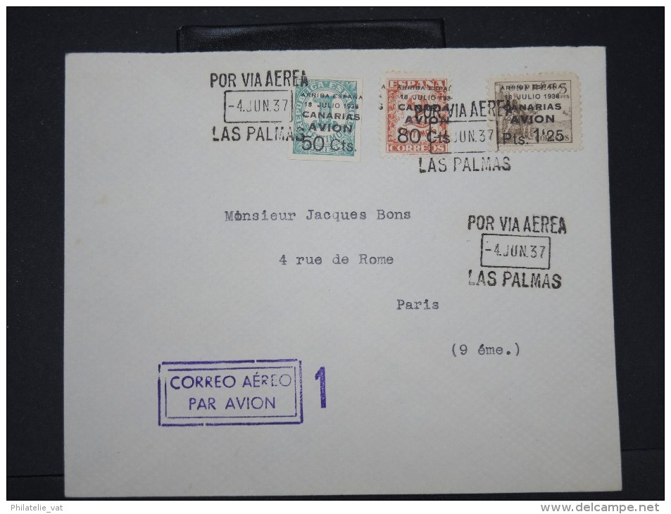 ESPAGNE-Enveloppe De Las Palma   Avec Les Timbres Surchargés De 1937 Pour Paris Avec Censure Aff Plaisant à Voir  P5791 - Marcas De Censura Nacional