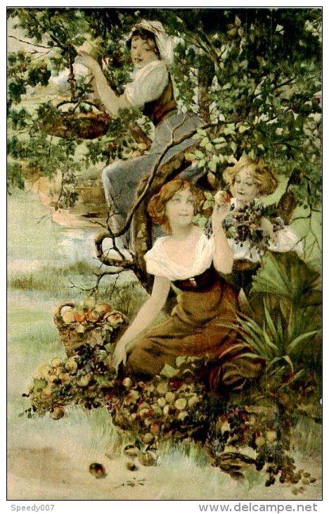 CPA  -   Illustration. 3 Femmes Dans Un Arbre. Pommes. Q 498 - Mujeres