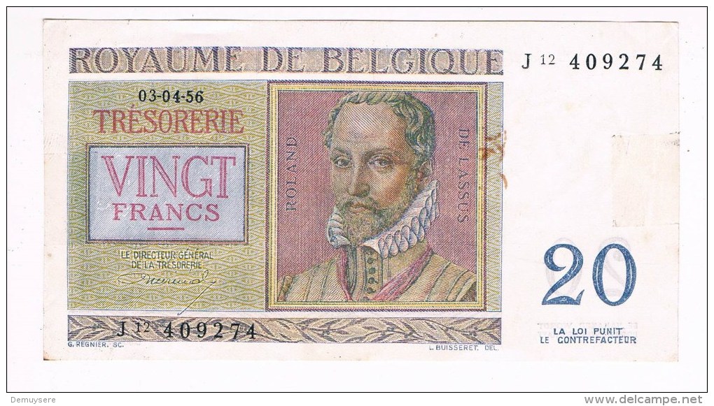30550 Royaume De Belgique 20 Francs - 03-04-56 - Koninkrijk Belgie 20 Frank - 20 Francs