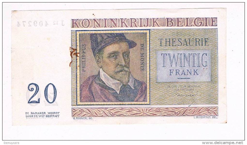 30550 Royaume De Belgique 20 Francs - 03-04-56 - Koninkrijk Belgie 20 Frank - 20 Francs