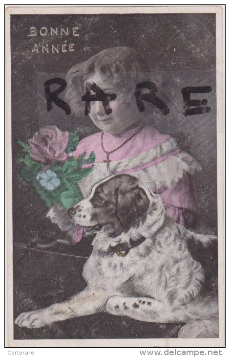CARTE ANCIENNE,BONNE ANNEE,1900,CHIEN,DOG,ENFANT,CROIX,CHRETIEN - Perros