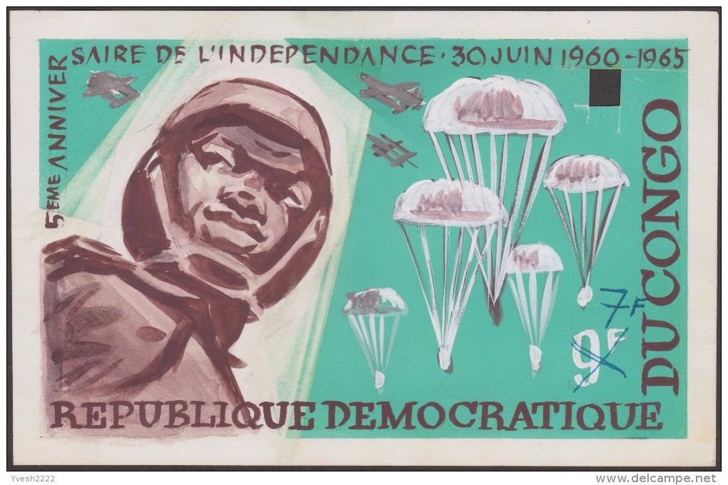 Congo Kinshasa 1965 COB 594/8. Peintures d´Oswald Adler (Hongrie 1912, émigré en Israël en 1960). Parachutistes, avions