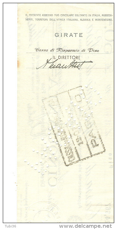 CASSA RISPARMIO DI PISA, ASSEGNO BANCARIO £.50, EMESSO  18 GIUGNO 1944, PERFORAZIONE PAGATO, - Chèques & Chèques De Voyage