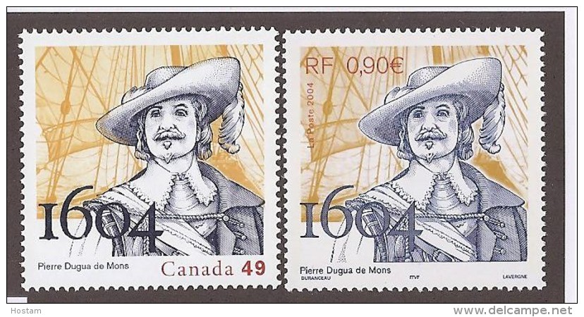 CANADA  & FRANCE, 2004,  # 2044 & 3032, FRENCH SETTLEMENT IN ACADIA, PIERRE DUGUA DE MONS At ST CROIX  ISLAND,  MNH - Neufs