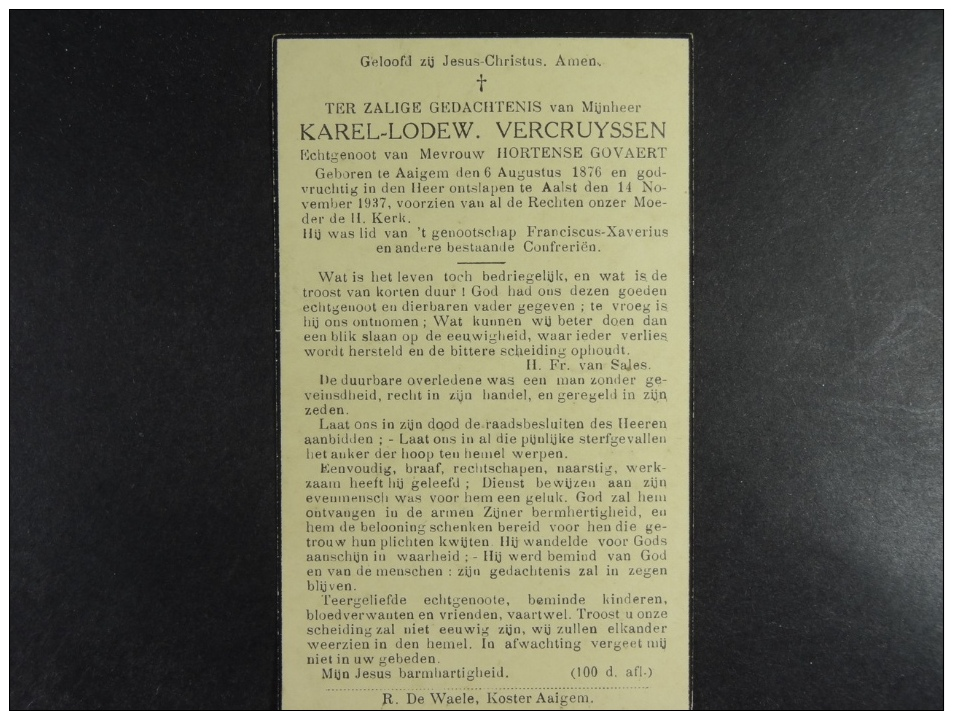 Karel Vercruyssen épx Govaert Aaigem 1876 Aalst 1937 (13) - Images Religieuses