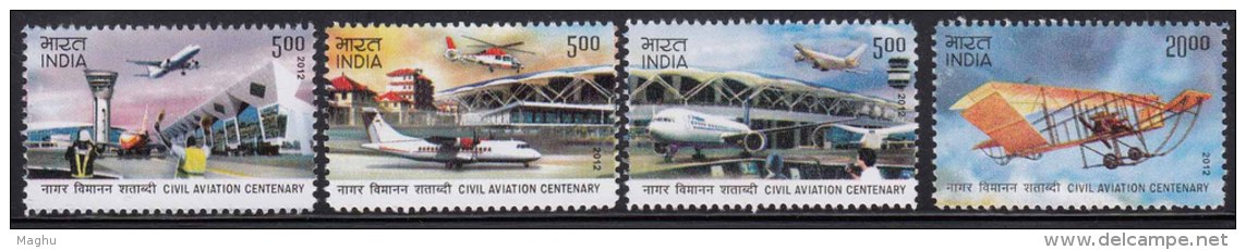 India MNH 2012, Set Of 4, Civil Aviation, Airplane, Helicopter, Airport, Piquet Demo, Radar Tower, Computer Control Room - Neufs