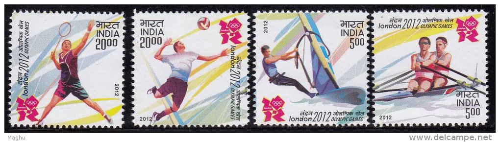 India MNH 2012, Set Of 4, Olympic Games, Sport,  Sailing, Rowing, Volleyball, Badminton - Neufs