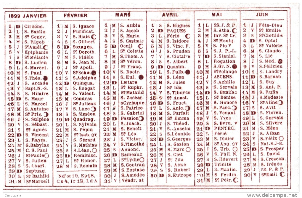 Calendrier 1er Semestre 1899 : Chromo Publicité Oriflamme - Kleinformat : ...-1900