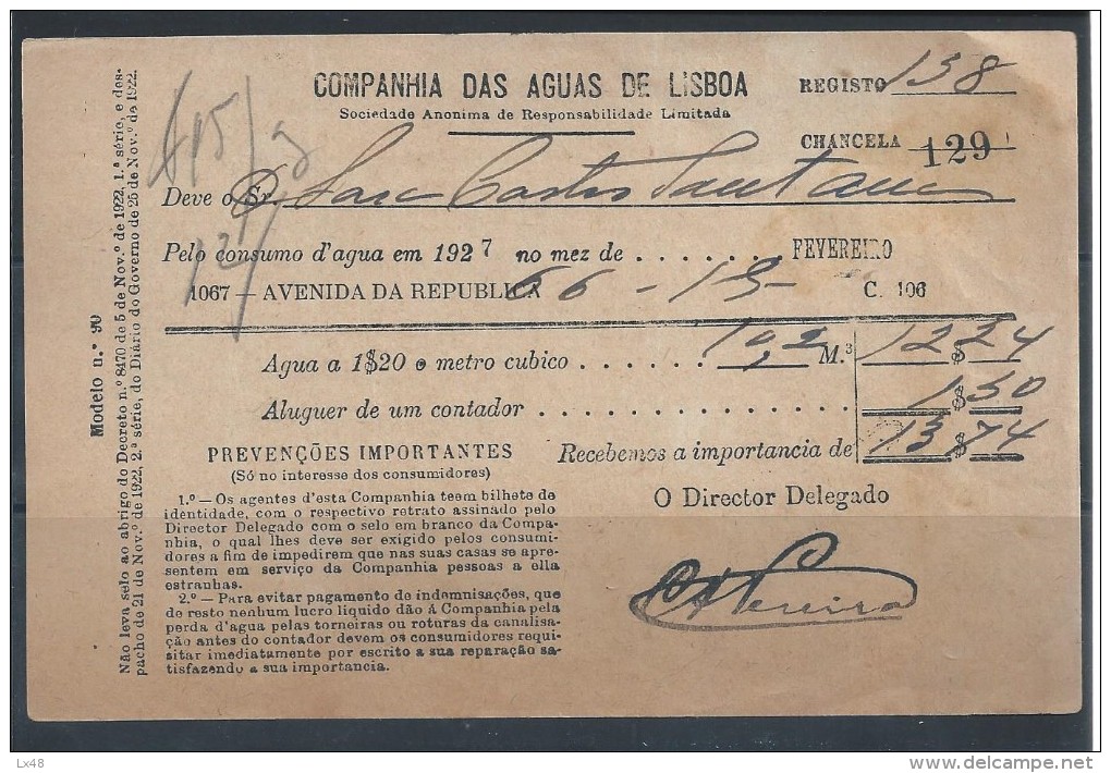 Receipt February 1927 Company Of Lisbon Waters.Recibo Fevereiro De 1927 Da Companhia Das Aguas De Lisboa. - Portogallo