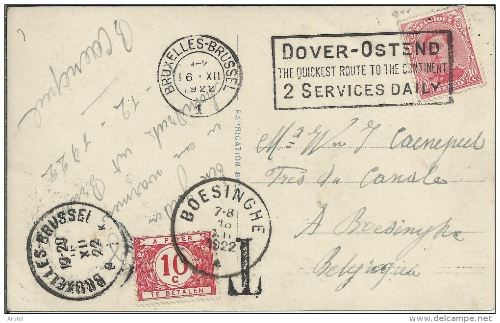 BELGICA BRUXELLES TP MAT DOVER OSTEND OOSTENDE TASADA BOESINGHE 1922 - Cartas & Documentos