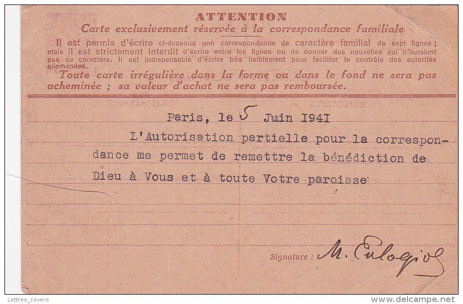 6/6/41 Entier CP IRIS INTERZONE &gt; ARCHIPRETRE D' EL-BIAR - ALGERIE - VOIR TEXTE ! : "" Autorisation Partielle.. Corre - Guerre De 1939-45