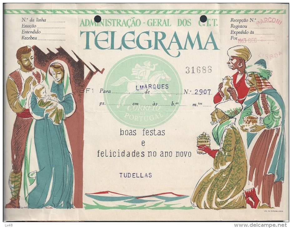 Telegram Happy Holidays,mod.72 BF.Sent Mozambique 1963,via Marconi.Hole File.Stationery.Telegramm Frohe Feiertage.3 Scan - Storia Postale