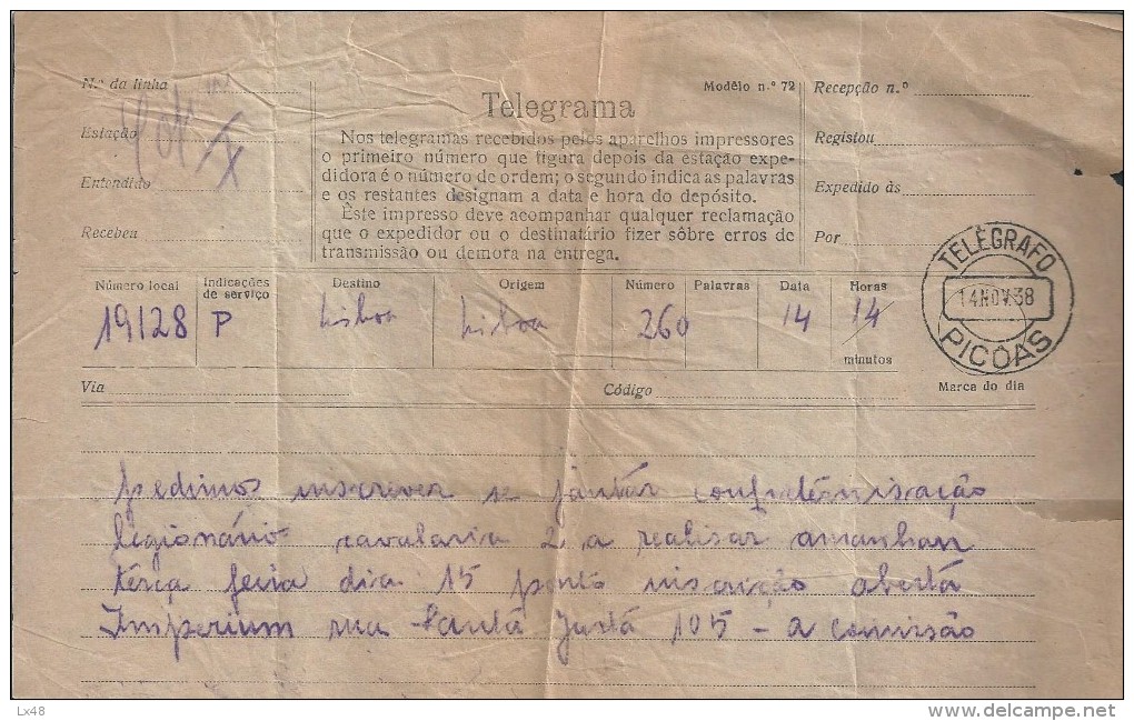 Socializing Telegram Legionnaires Cavalry 2 Lisbon. Obliteration 'Telegrafo 1938 Picoas'. Legionäre Kavallerie. Legião P - Brieven En Documenten