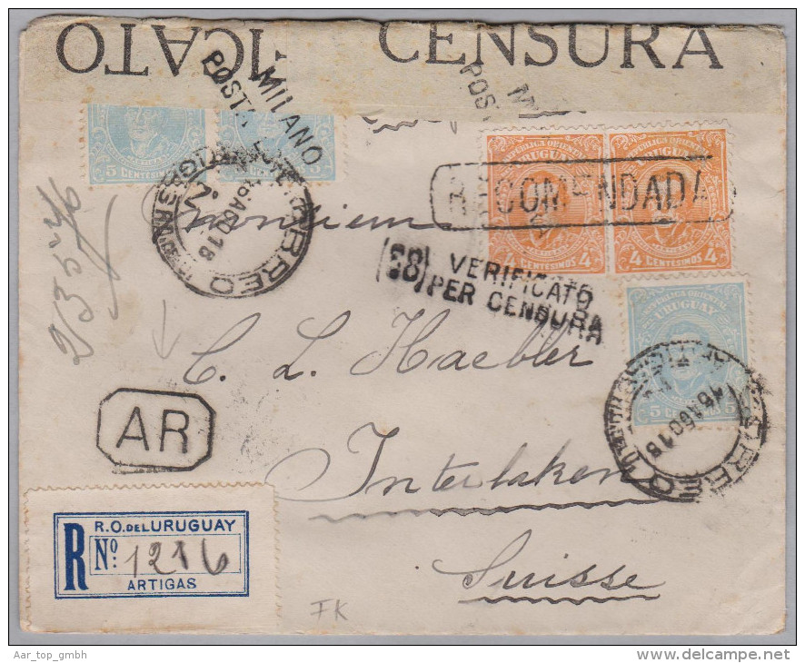 Uruguay 1918-08-26 R-Brief Mit AR Nach Interlaken Italienische Zensur Milano - Uruguay