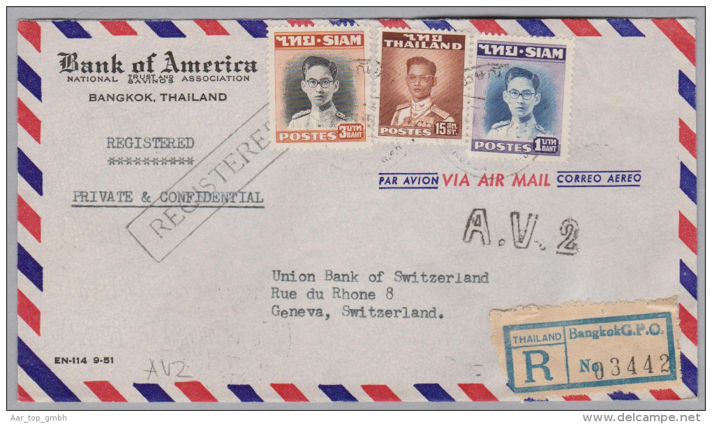 Thailand Siam 1952-11-?? Bangkok A.V.2  R-Flugpost Brief Nach Genf - Thaïlande
