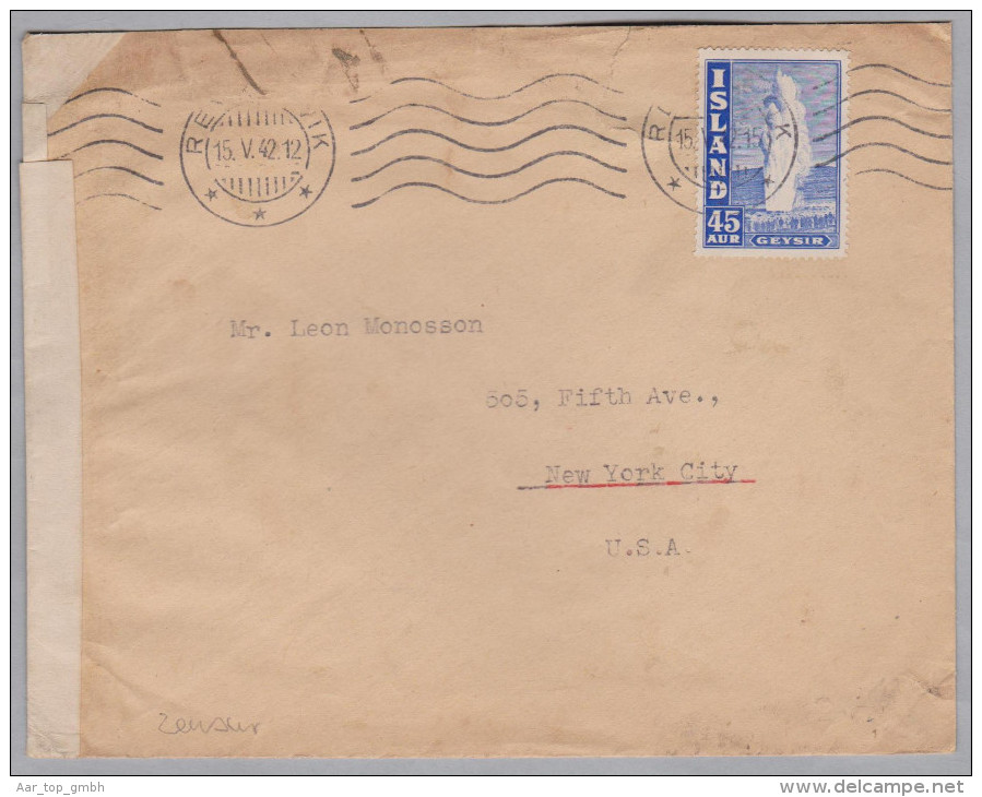 Island 1942-05-15 REYKJAVIK Zensur Brief Nach New-York - Lettres & Documents