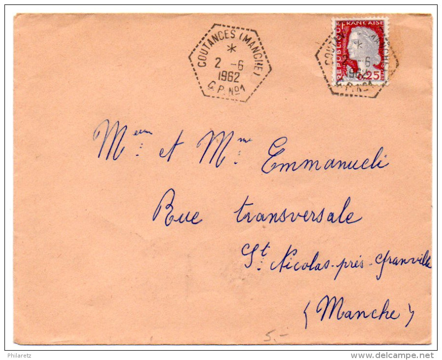 Lettre De 1962 - CaD Hexagonal Tireté 'Coutances (Manche) C.P. N° 1' - 1961-....