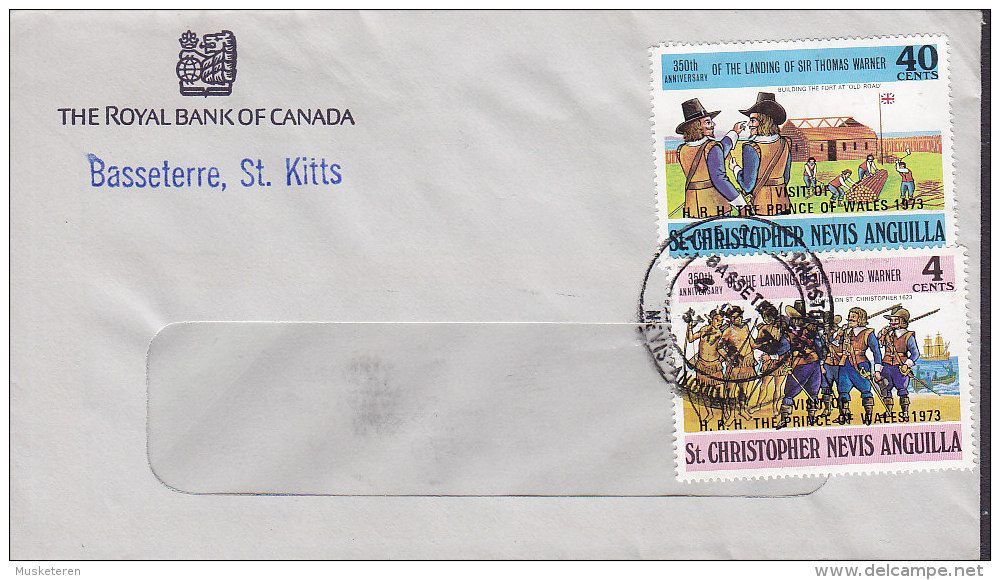 St. Christopher-Nevis & Anguilla THE ROYAL BANK CANADA, BASSETERRE 1973 Cover T. Warner Overprint Visit Prince Of Wales - St.Christopher-Nevis-Anguilla (...-1980)