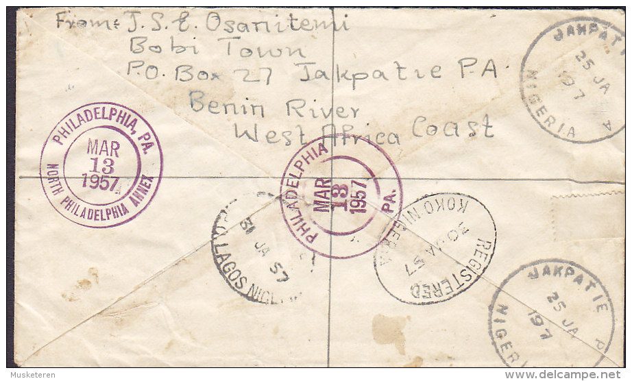 Nigeria Registered Einschreiben Label JAKPATIE 1957 Cover Brief PHILADELPHIA, USA QEII Stamps (2 Scans) - Nigeria (...-1960)