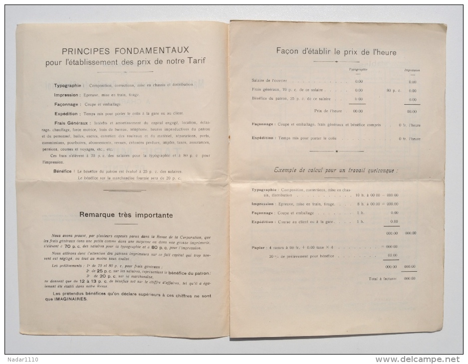 Corporation Des Maîtres IMPRIMEURS Du Bassin De CHARLEROI - TARIF MINIMUM DE VENTE 1929 / Imprimeur Frère, HAM-SUR-HEURE - Imprenta & Papelería