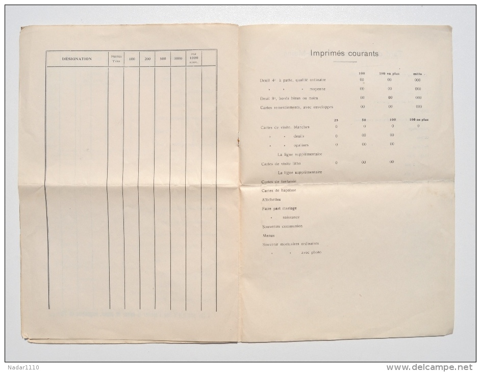 Corporation des Maîtres IMPRIMEURS du Bassin de CHARLEROI - TARIF MINIMUM DE VENTE 1929 / Imprimeur Frère, HAM-SUR-HEURE