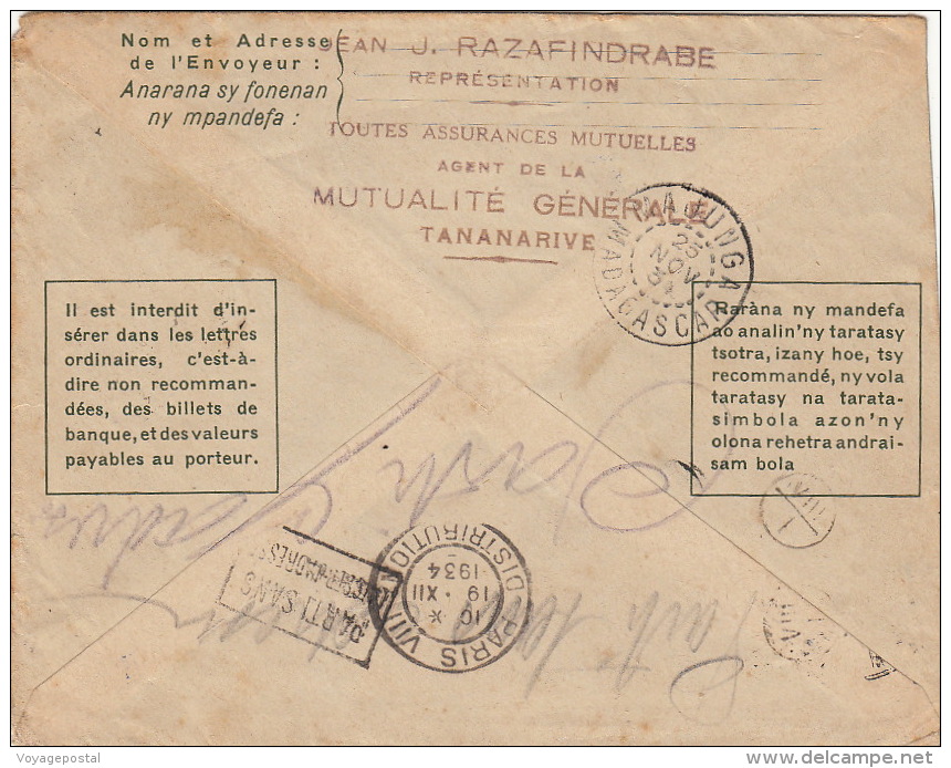 Entier Madagascar Tananarive Pour Paris "Retour A L'envoyeur" 1934 - Cartas & Documentos
