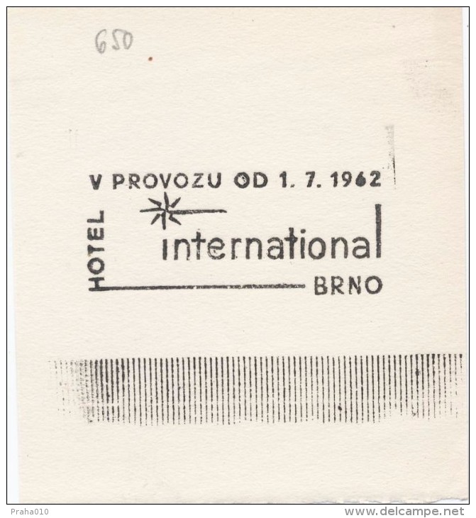 J1846 - Czechoslovakia (1945-79) Control Imprint Stamp Machine (R!): Hotel International Brno, Operation Since 1.7.1962 - Essais & Réimpressions