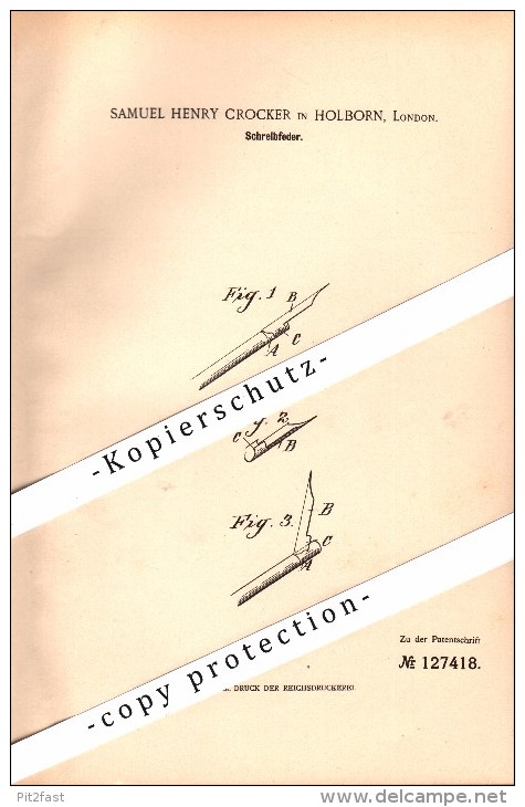 Original Patent - Samuel Henry Crocker In Holborn B. London , 1900 , Plume , Schreibfeder , Feder !!! - Federn