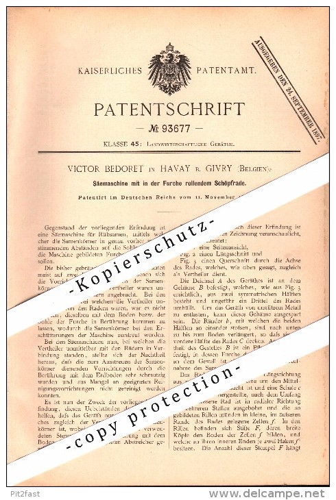 Original Patent - Victor Bedoret In Havay B. Givry , Quévy , 1896 , Säemaschine Für Landwirtschaft , Agrar !!! - Quévy