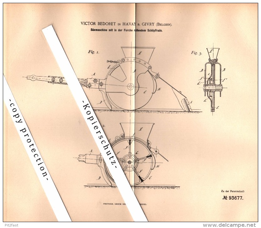 Original Patent - Victor Bedoret In Havay B. Givry , Quévy , 1896 , Säemaschine Für Landwirtschaft , Agrar !!! - Quévy