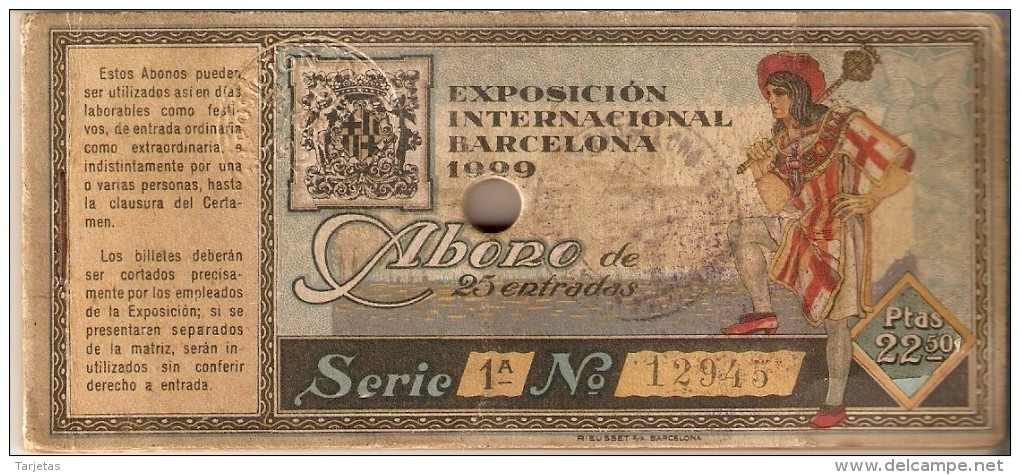 ABONO DE 25 ENTRADAS EXPOSICION INTERNACIONAL DE BARCELONA 1929 CON SELLO SECO Y TINTA (25 ABONOS-ENTRADAS) - Tickets - Entradas