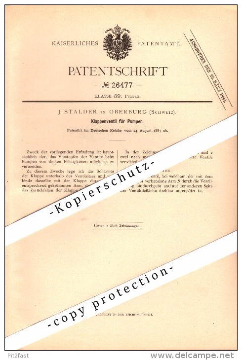 Original Patent - J. Stalder In Oberburg , Schweiz , 1883 , Klappenventil Für Pumpen !!! - Oberburg