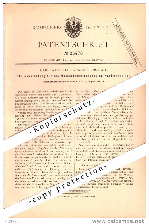 Original Patent - Carl Westphal In Schöppenstedt B. Wolfenbüttel , 1883 , Messerhebeltraverse An Hackmaschinen , Agrar ! - Wolfenbuettel