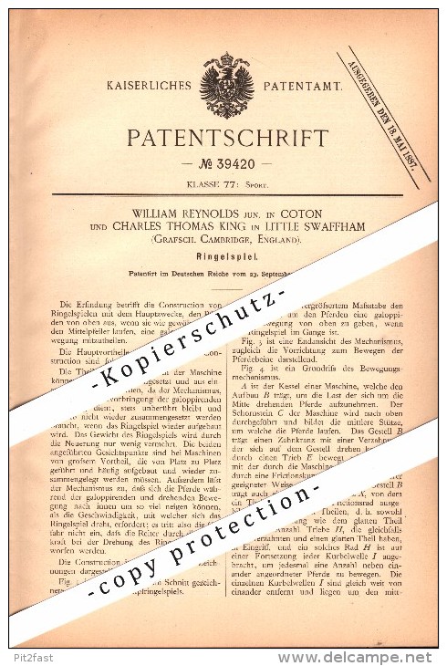 Original Patent - W. Reynolds In Coton Und Ch. King In Little Swaffham , 1886 , Carousel , Karussell  !!! - Sonstige & Ohne Zuordnung