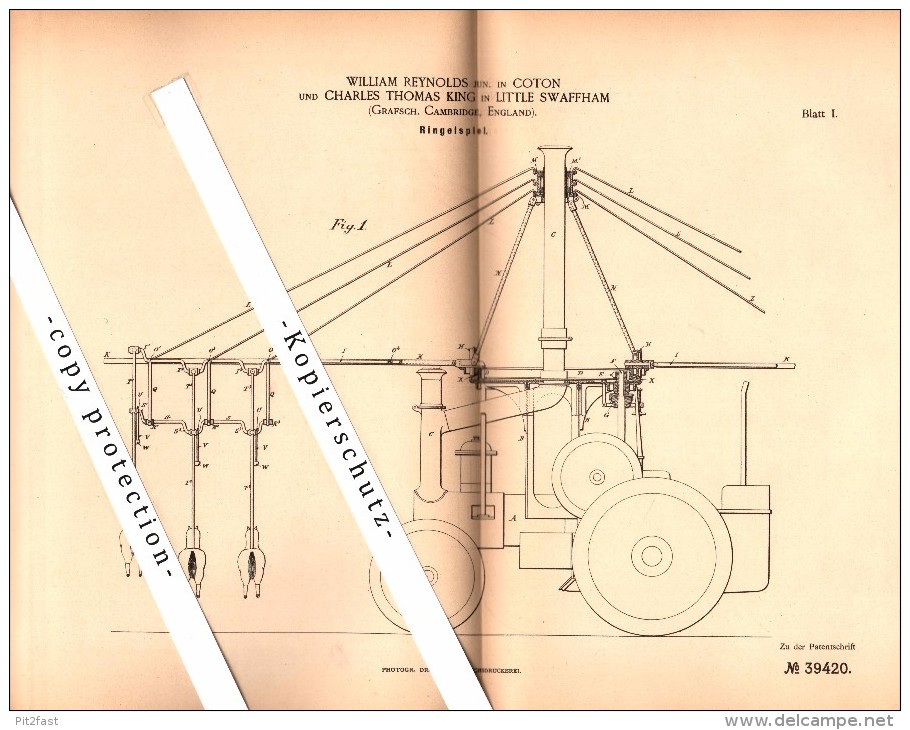 Original Patent - W. Reynolds In Coton Und Ch. King In Little Swaffham , 1886 , Carousel , Karussell  !!! - Other & Unclassified