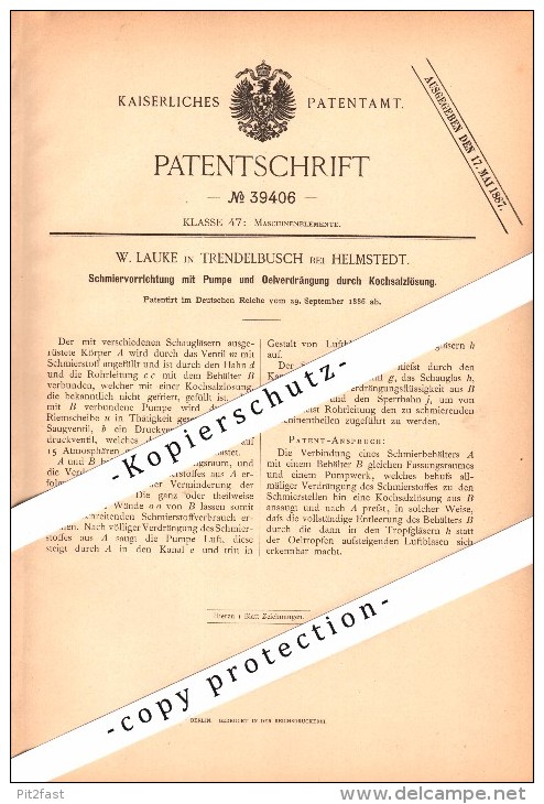 Original Patent - W. Lauke In Trendelbusch B. Helmstedt , 1886 , Schmiervorrichtung Mit Pumpe , Maschinenbau !!! - Helmstedt