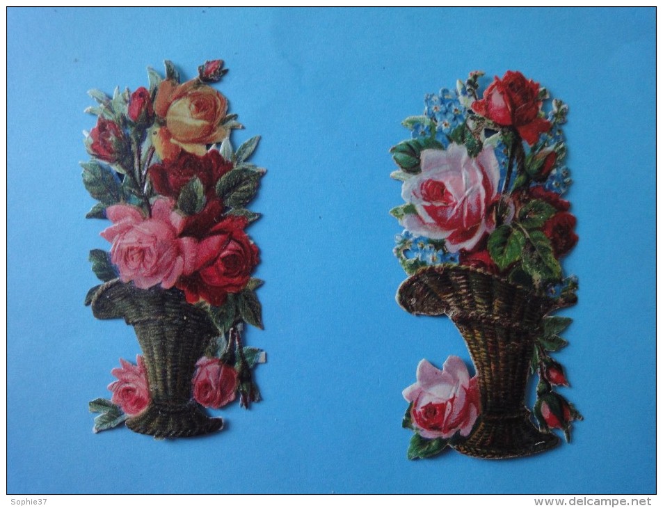 Lot De 2 Chromos Anciens "Vases De Roses" - Flowers