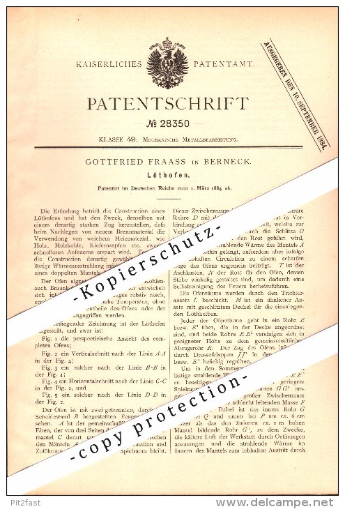 Original Patent - Gottfried Fraass In Berneck , 1884 , Lötofen , Metallbau !!! - Historical Documents