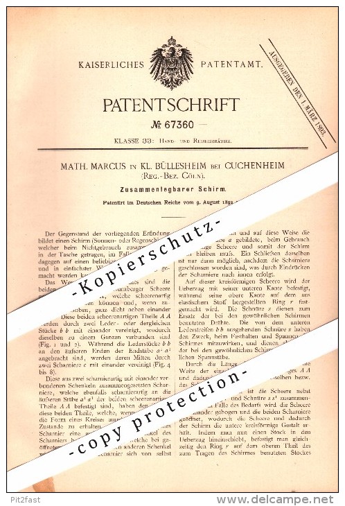 Original Patent - M. Marcus In Klein Büllesheim B. Kuchenheim / Euskirchen , 1892 , Zusammenlegbarer Schirm !!! - Euskirchen