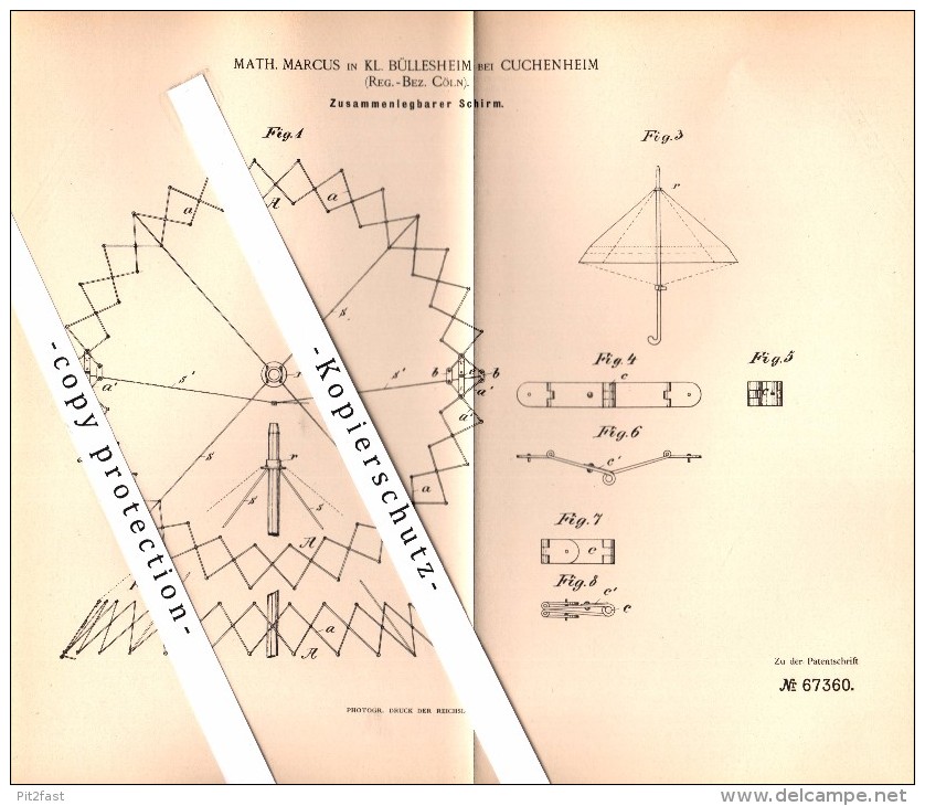 Original Patent - M. Marcus In Klein Büllesheim B. Kuchenheim / Euskirchen , 1892 , Zusammenlegbarer Schirm !!! - Euskirchen