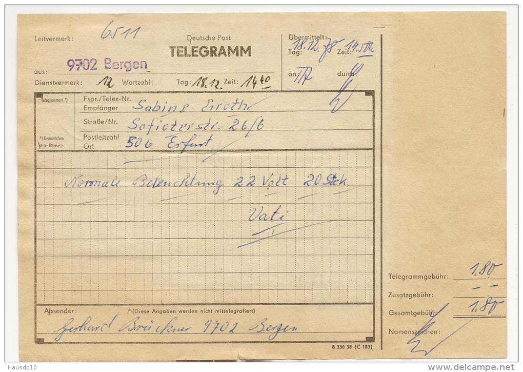 DDR Telegramm Bergen 19.12.78 , 1,80 Mark Mif. Mi.1660,1667 N. Erfurt (1) - Lettres & Documents