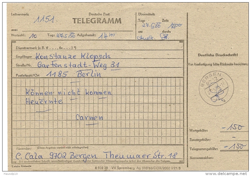 DDR Telegramm Bergen 27.5.86 1,50 Mark Mef. Mi.3004 N.Berlin (5) - Lettres & Documents