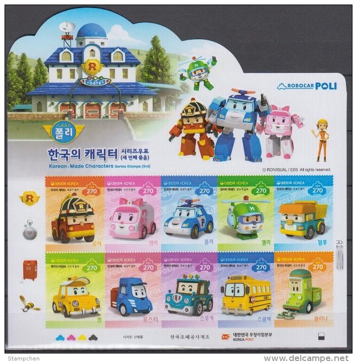 South Korea 2013 Korean Made Characters Stamps Sheetlet Helicopter Police Car Fire Engine Taxi Bus Truck Comic - Police - Gendarmerie