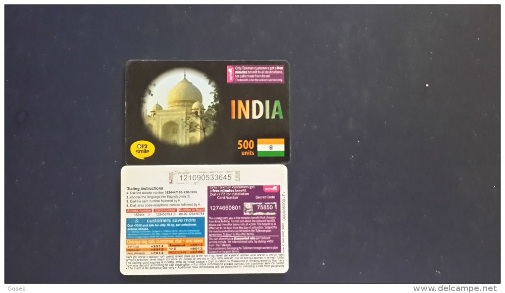 India-(012 Smile)-500 Units-(this Card Israel Out Side From Talk From India)-used Card+1card Prepiad Free - India