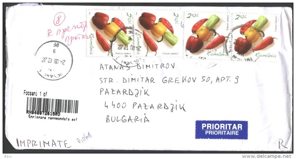 Mailed Cover  With Stamp Vegetables Peppers 2012  From Romania To Bulgaria - Brieven En Documenten