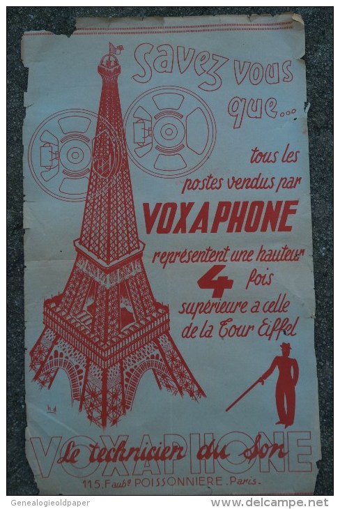 75- PARIS - TOUR EIFFEL- RARE AFFICHE RADIO VOXAPHONE - SONORISATION- 115 FG POISSONNIERE- - Plakate