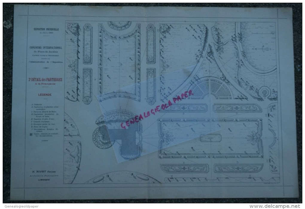 87- LIMOGES - RARE PLAN H. NIVET JEUNE- ARCHITECTE-PAYSAGISTE- EXPOSITION UNIVERSELLE PARIS 1900- PARTERRES LA FRANCAISE - Arquitectura