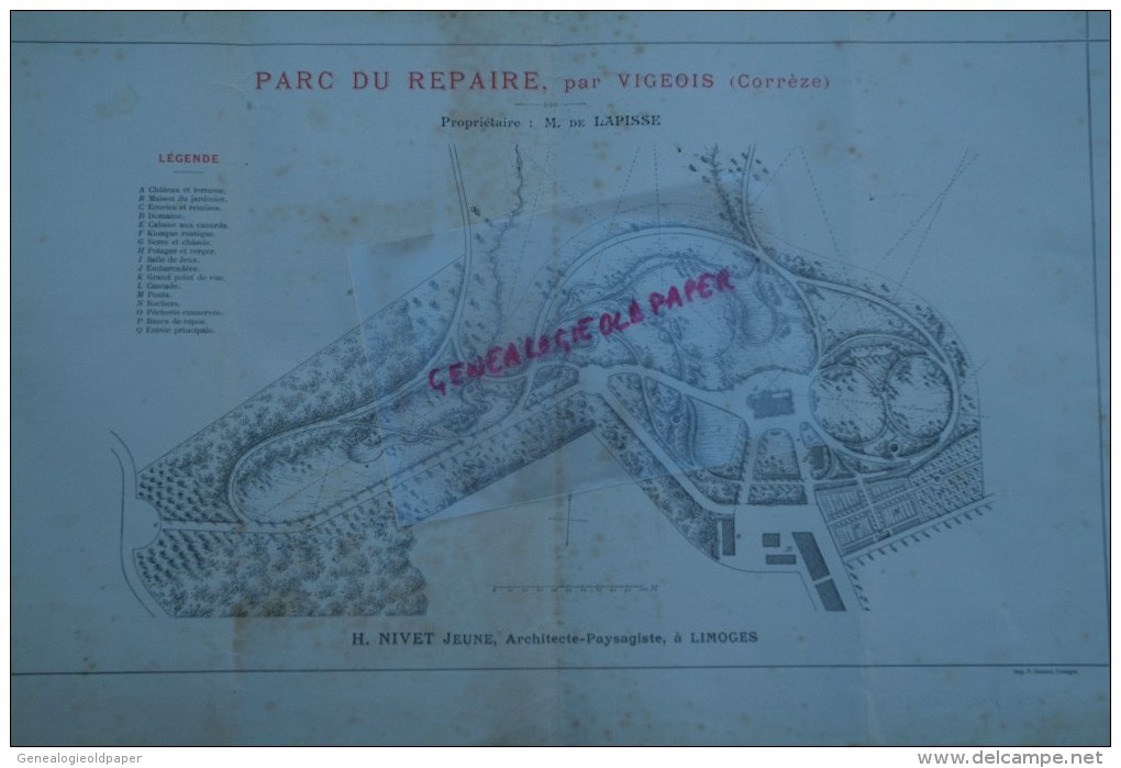 19- VIGEOIS- 87- LIMOGES - RARE PLAN H. NIVET JEUNE- ARCHITECTE-PAYSAGISTE-PARC DU CHATEAU DU REPAIRE- M. DE LAPISSE- - Architecture