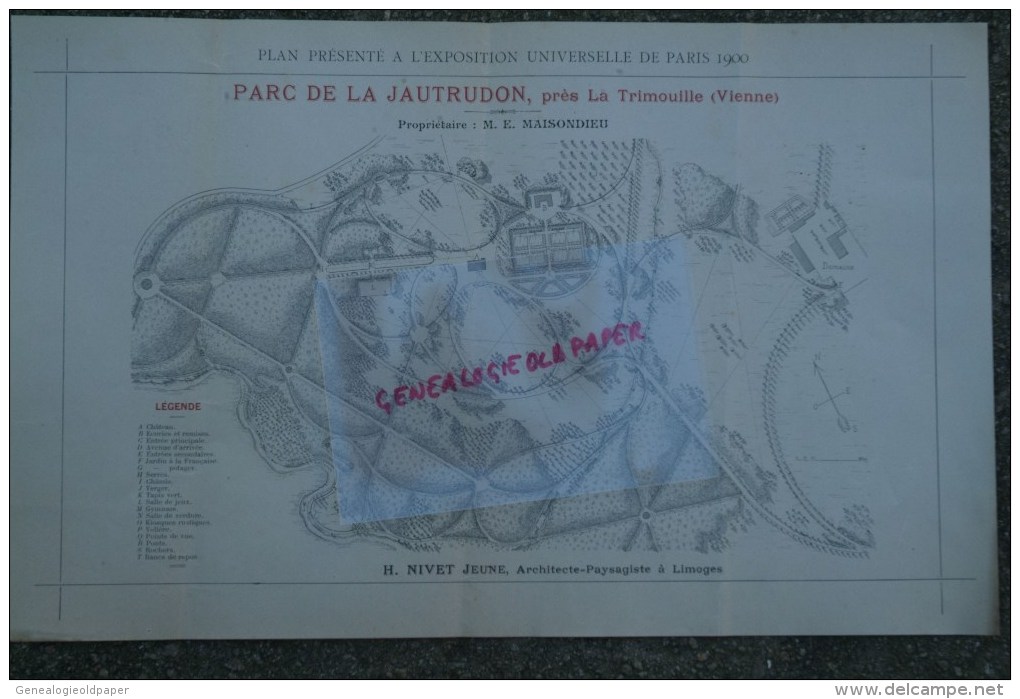 86-PARC DE LA JAUTRUDON -LA TRIMOUILLE-MAISONDIEU  - LIMOGES -RARE PLAN H. NIVET JEUNE- ARCHITECTE-PAYSAGISTE-PARIS 1900 - Architectuur